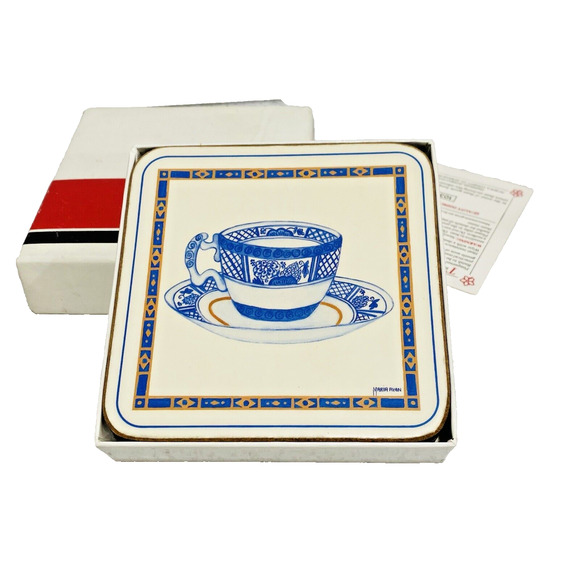 NEW Vintage Pimpernel Coasters Blue/White Teacups Boxed Set of 6 Cork England - Picture 1 of 11